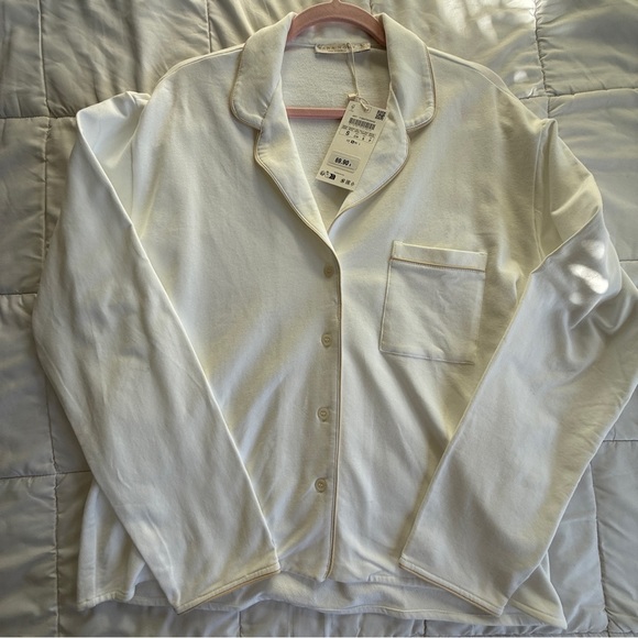Zara Home White Long Sleeve Pajama Top with Contrast Piping Oversized Small - Picture 5 of 10